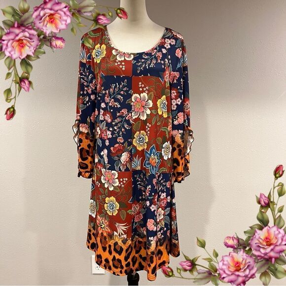 Patchwork print Floral rustic red long sleeve knee length dress - Picture 1 of 13